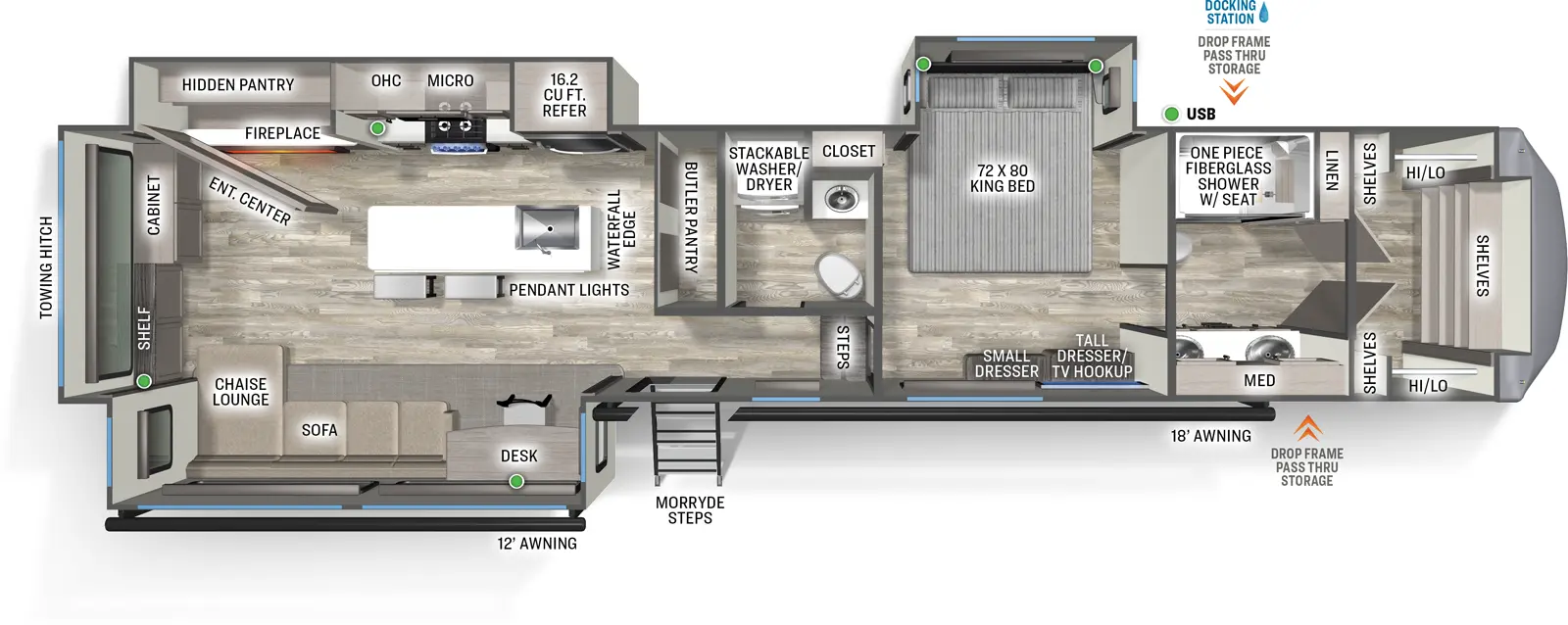 The Sandpiper Fifth Wheels 3900HBLR floorplan has one entry and three slide outs. Exterior features include: fiberglass exterior and 12' & 18' awning. Interiors features include: kitchen island, rear living and bathroom and a half.
